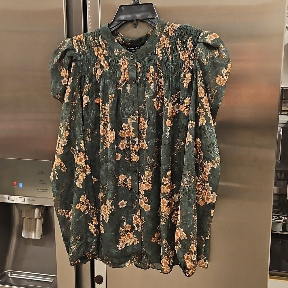 💕CURRENT AIR💕 Long Sleeve Blouse ~ Green With Floral Print Medium M NWT